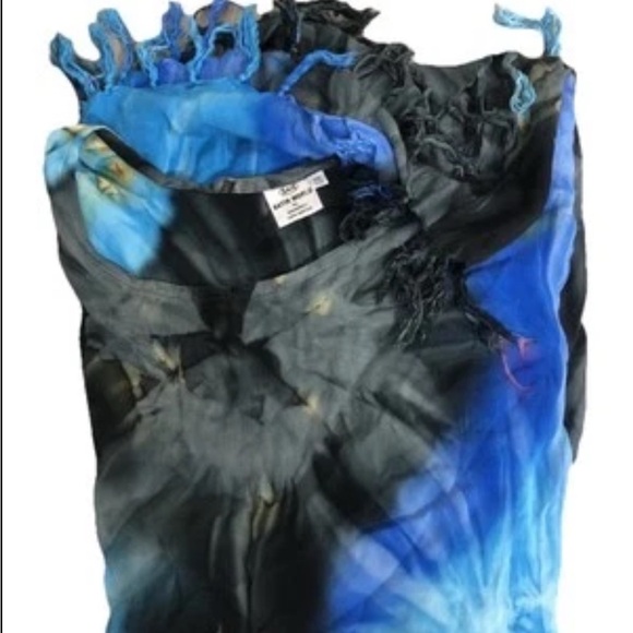 Tie dye Blue and Black Swim Coverup with Fringe batik world rayon - Picture 4 of 6
